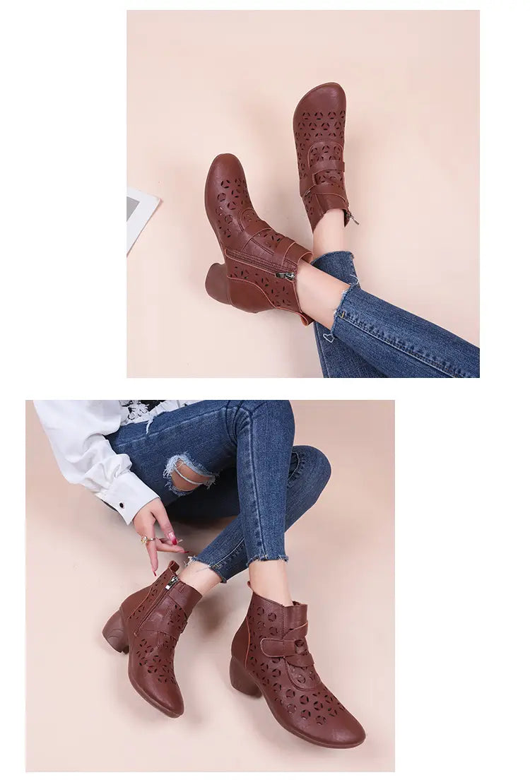 Hollow Out Boots Women Retro Style Side Zip Mid Heels Shoes
