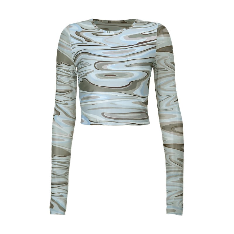 Lovemi - Water Ripple Print Long-sleeved T-shirt Slim Top