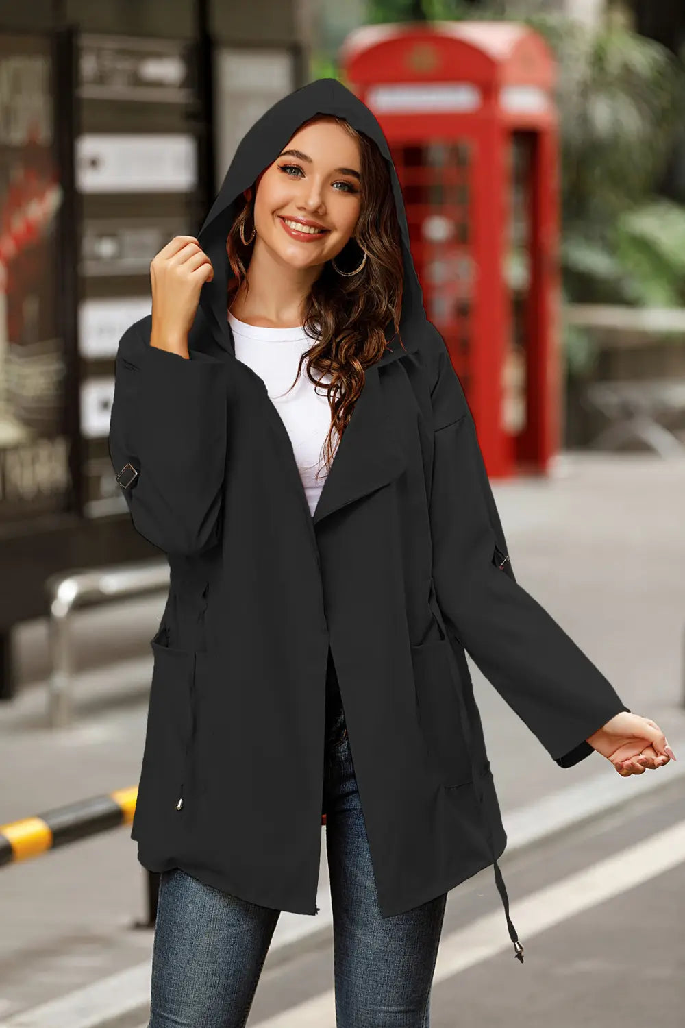 Lovemi - Solid color mid-length hooded trench coat