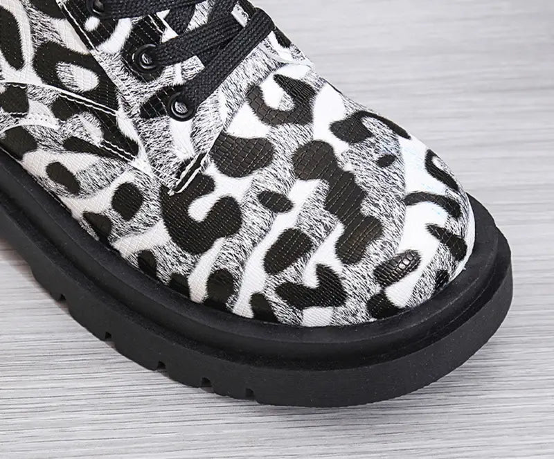 Women Martin Boots Black White Leopard Print Low Heel Shoes