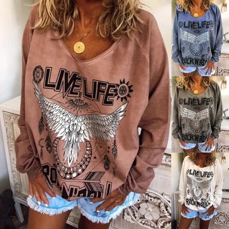 Lovemi - Women Loose Round Neck Printed Sweater
