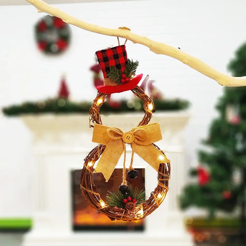 Lovemi - Couronne circulaire en forme de bonhomme de neige en rotin à LED de Noël