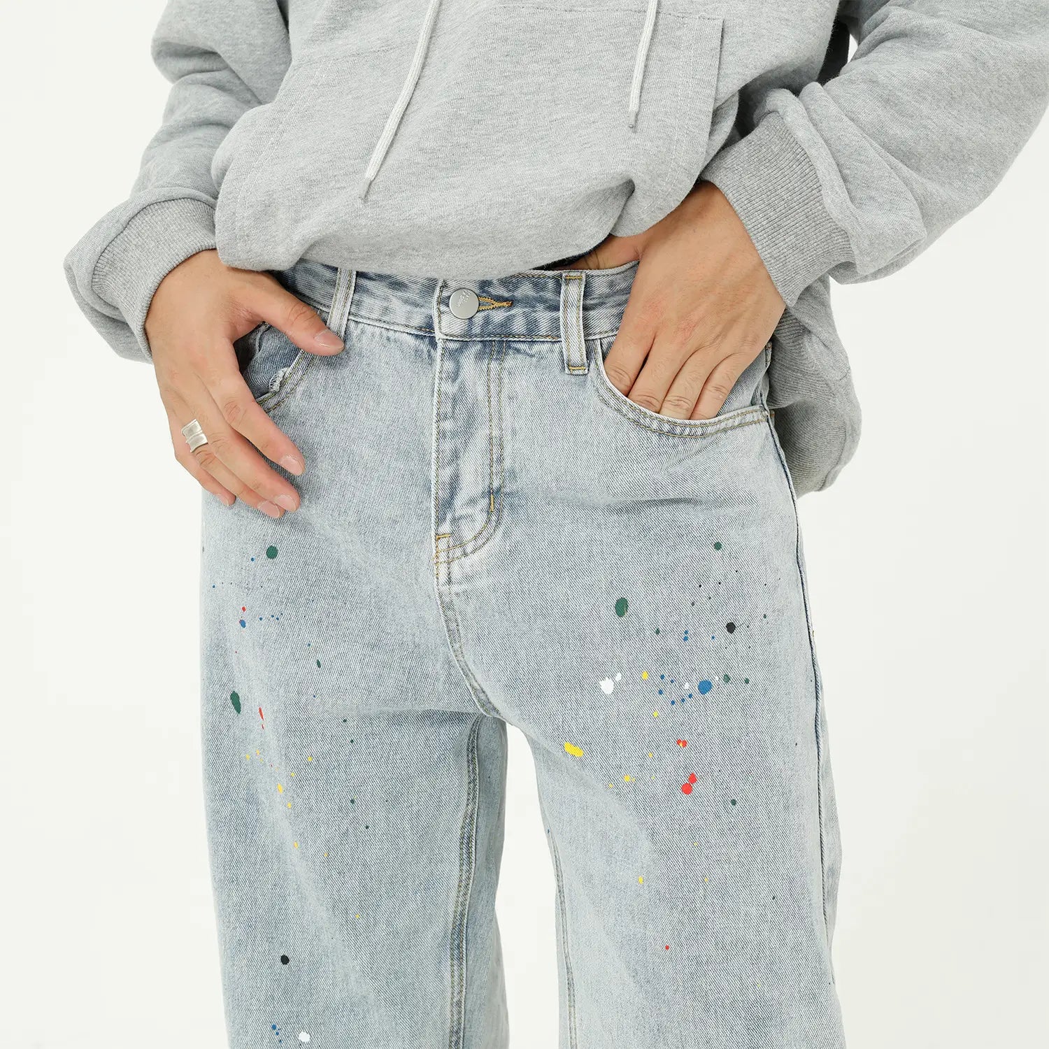 Lovemi - Paint Splash Blue Jeans Straight Loose Jeans