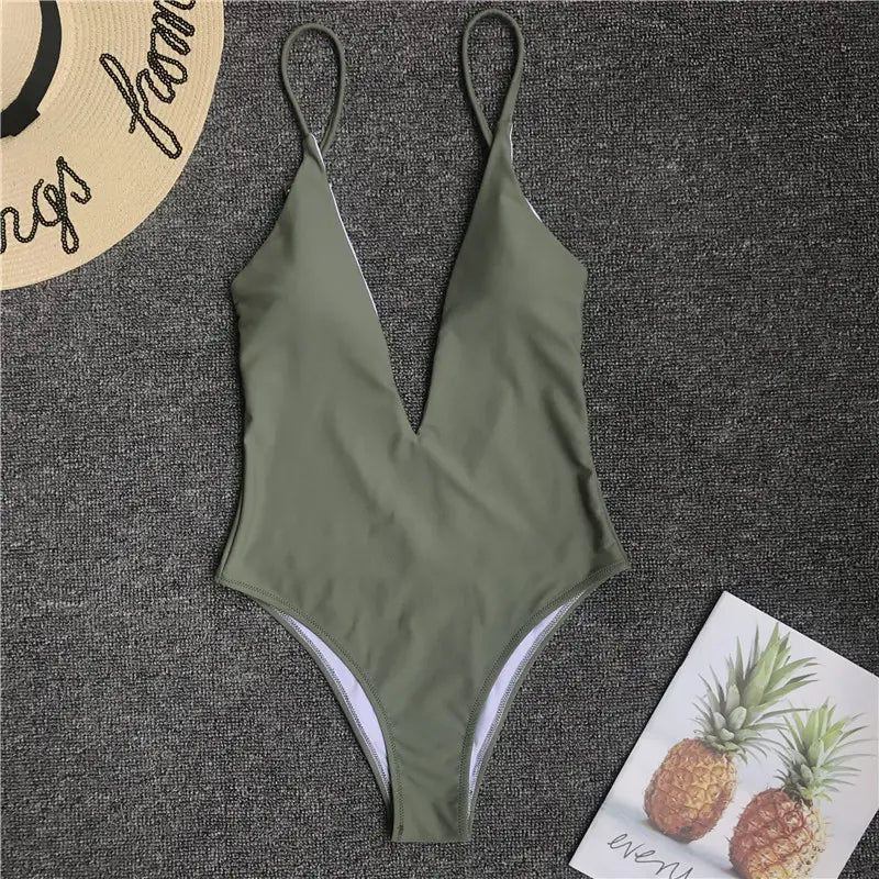 Lovemi - Maillot de bain une pièce sexy couleur unie décolleté V profond