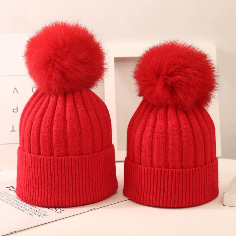 Lovemi - Boys And Girls Woolen Fox Fur Ball Knit Hat