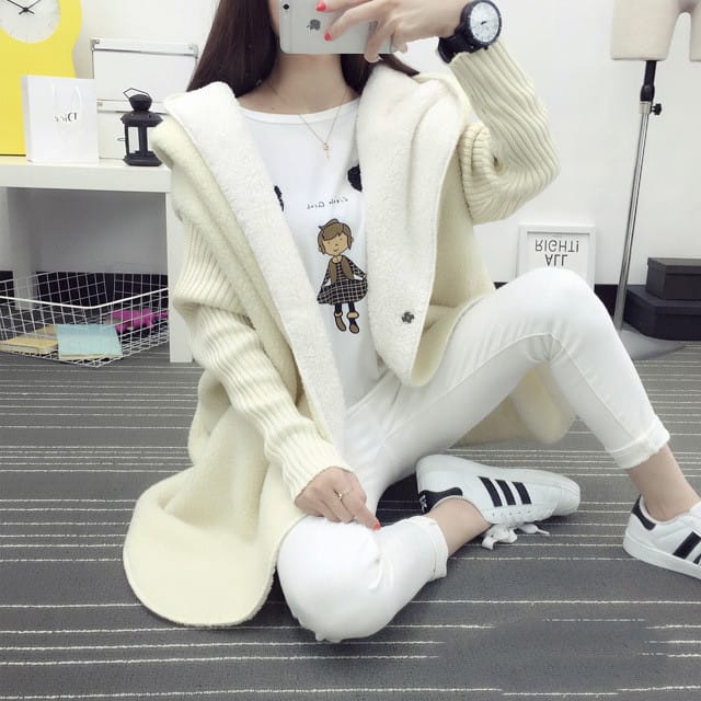 Lovemi - Wool stitching hooded lamb cashmere coat