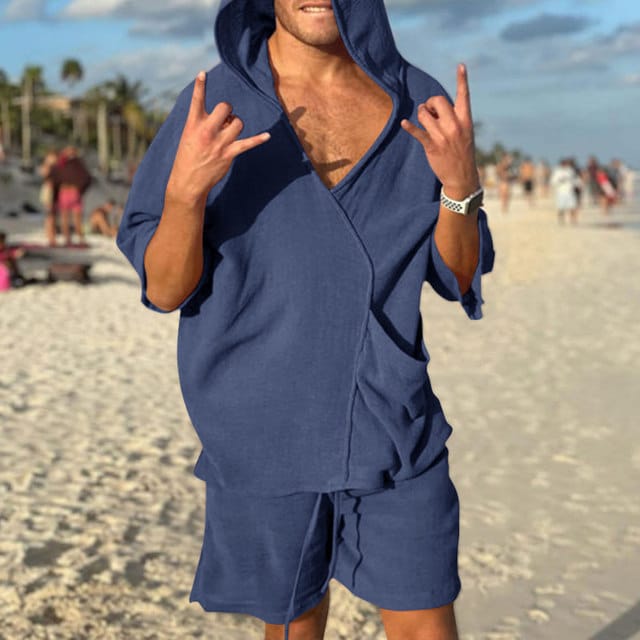 Lovemi - Costume de vacances ample à capuche avec poche pour hommes deux pièces