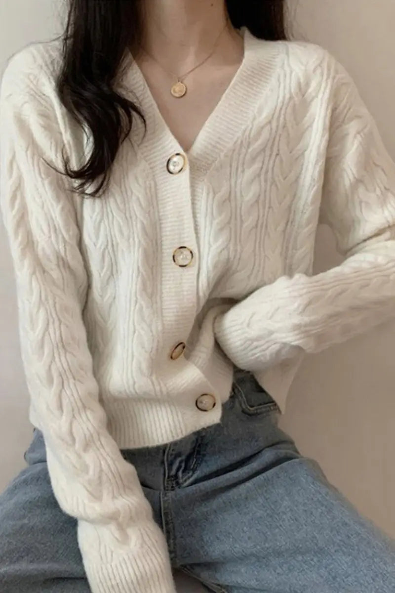 Lovemi – Lockerer kurzer weißer Twist-Pullover-Mantel