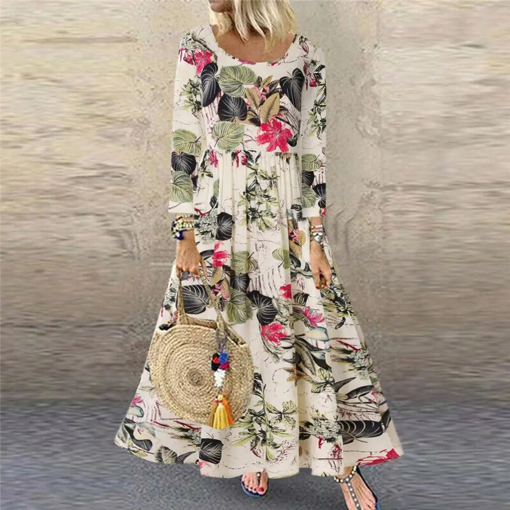 Lovemi - Vintage Floral Print Long Sleeve Crew Neck Dress