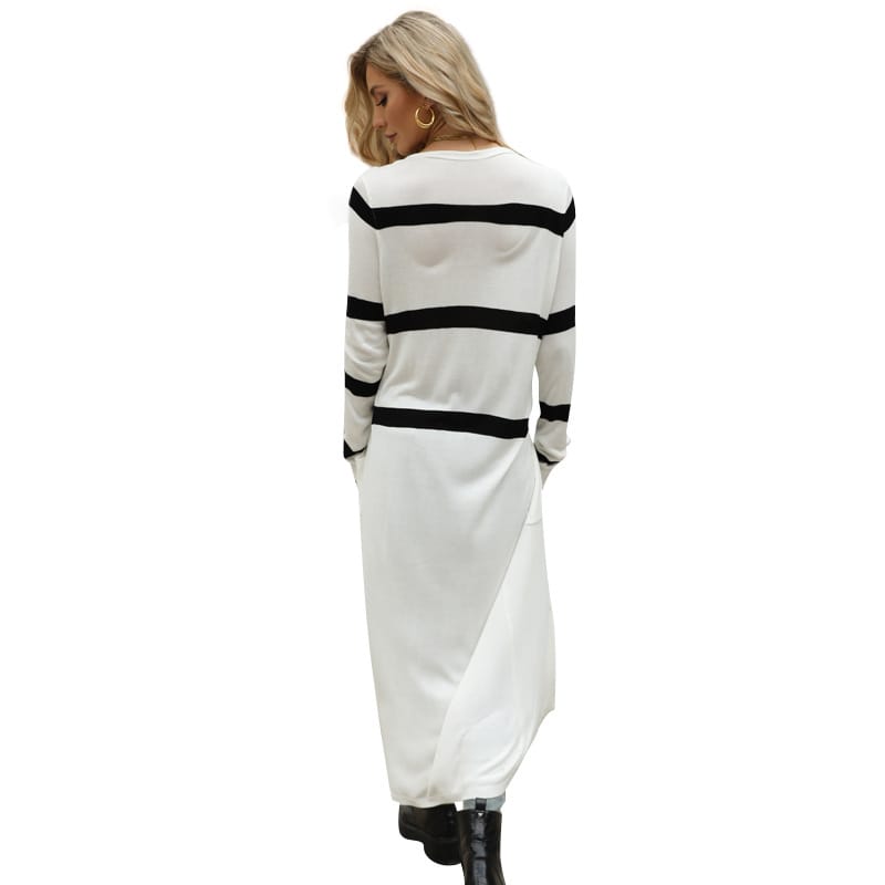 Lovemi - Knitted Thin Coat Long V neck Stripes