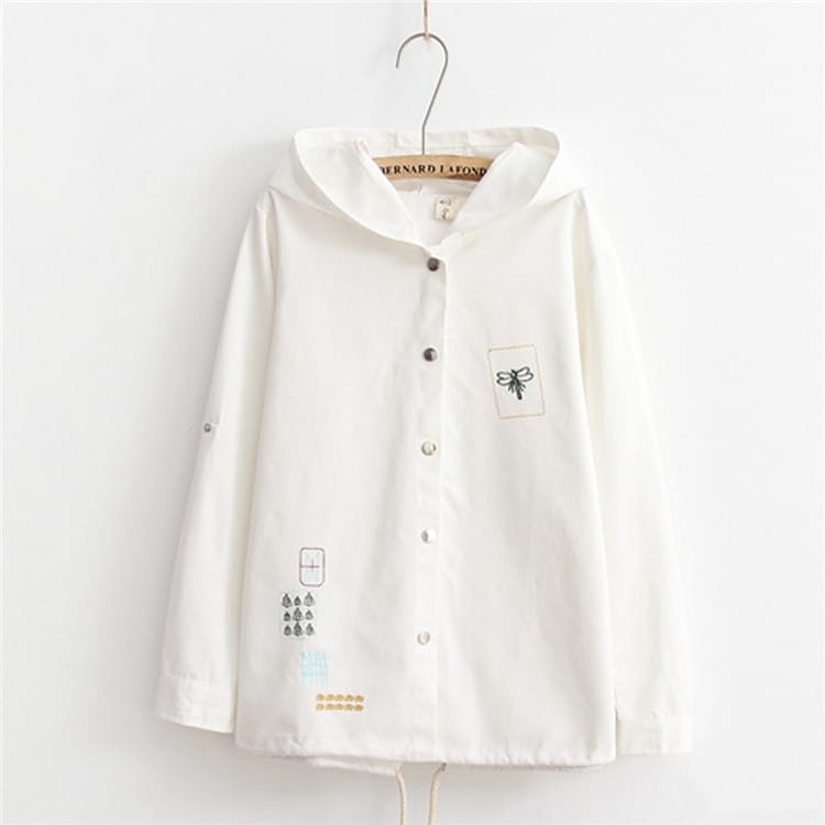 Lovemi - Solid color embroidery hooded long sleeve