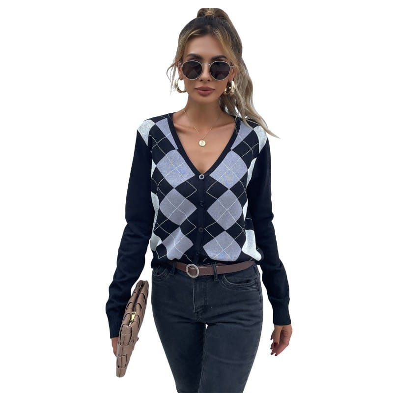 Lovemi - Long Sleeve Check V-Neck Cardigan Knitted Sweater