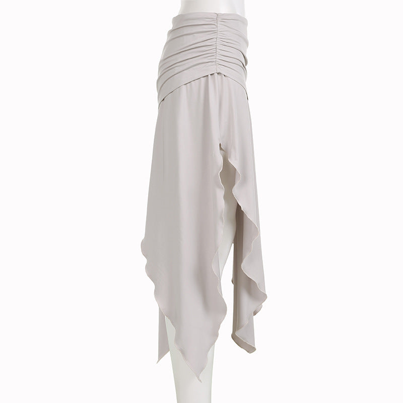 High Waist Pleating Irregular Slit Long Skirt