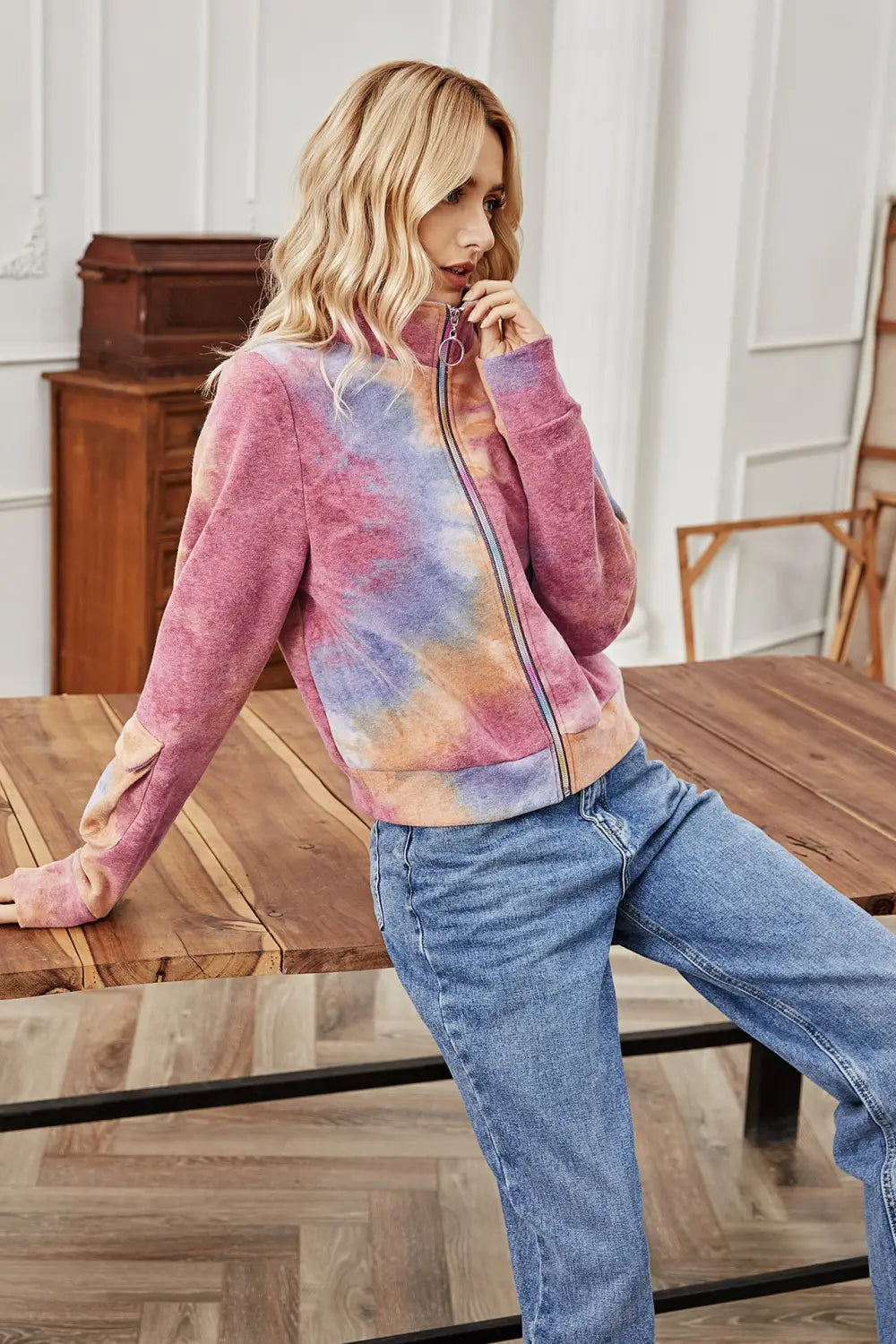 Lovemi - Fashion Color Zipper Loose Tie Dye Top Coat