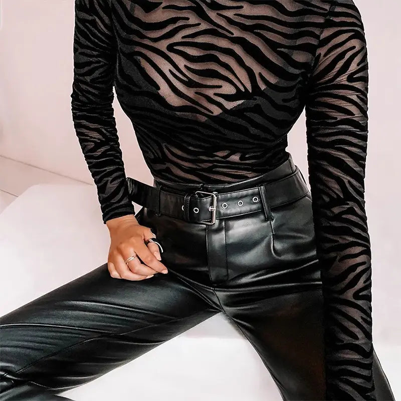 Lovemi - Pantalon en cuir décontracté avec ceinture de personnalité