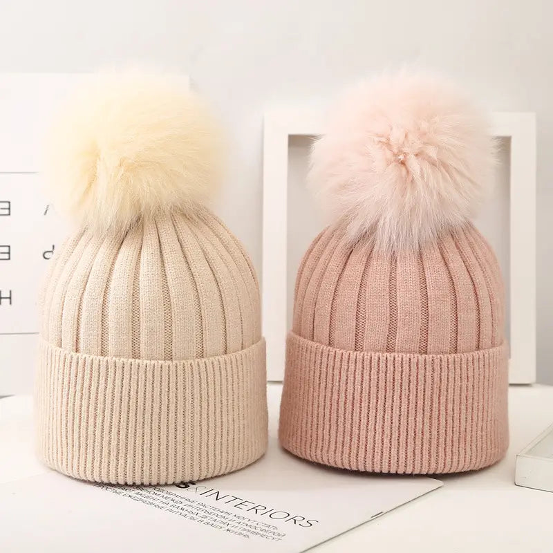 Lovemi - Boys And Girls Woolen Fox Fur Ball Knit Hat