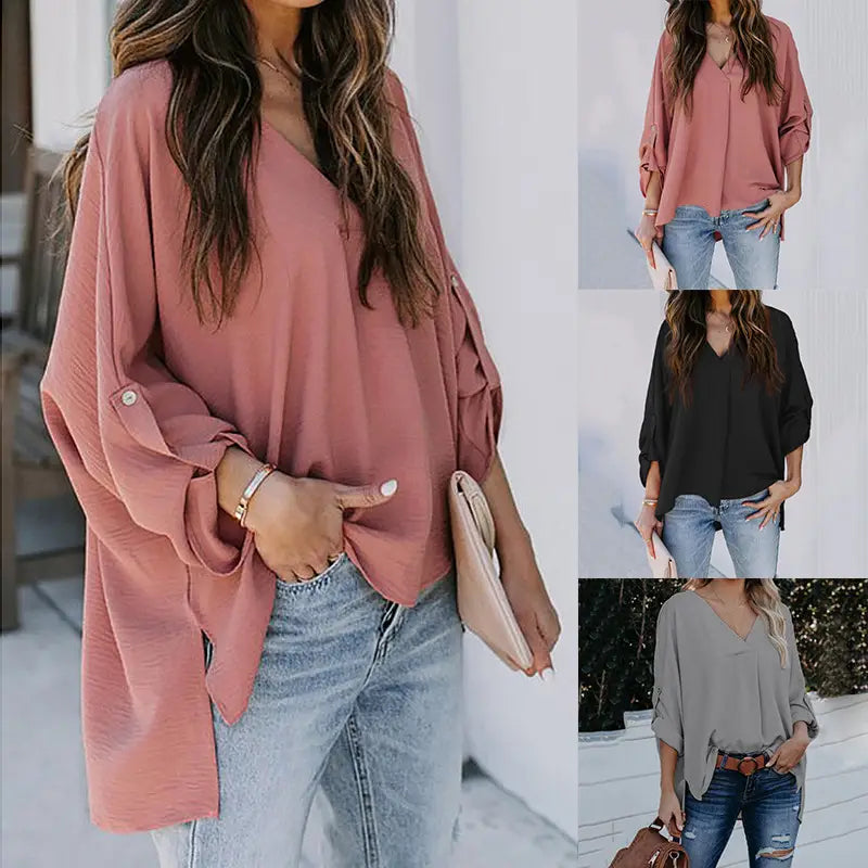 Lovemi - Fashion Solid Color V-Neck Long-Sleeved Casual