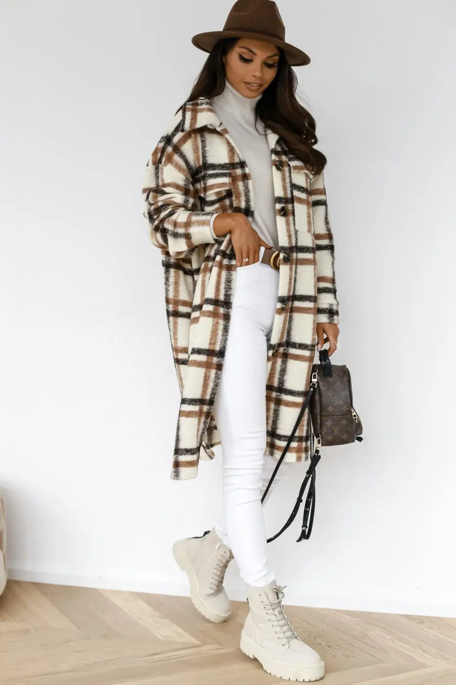 Lovemi - Button lapel casual warm plaid long woolen coat