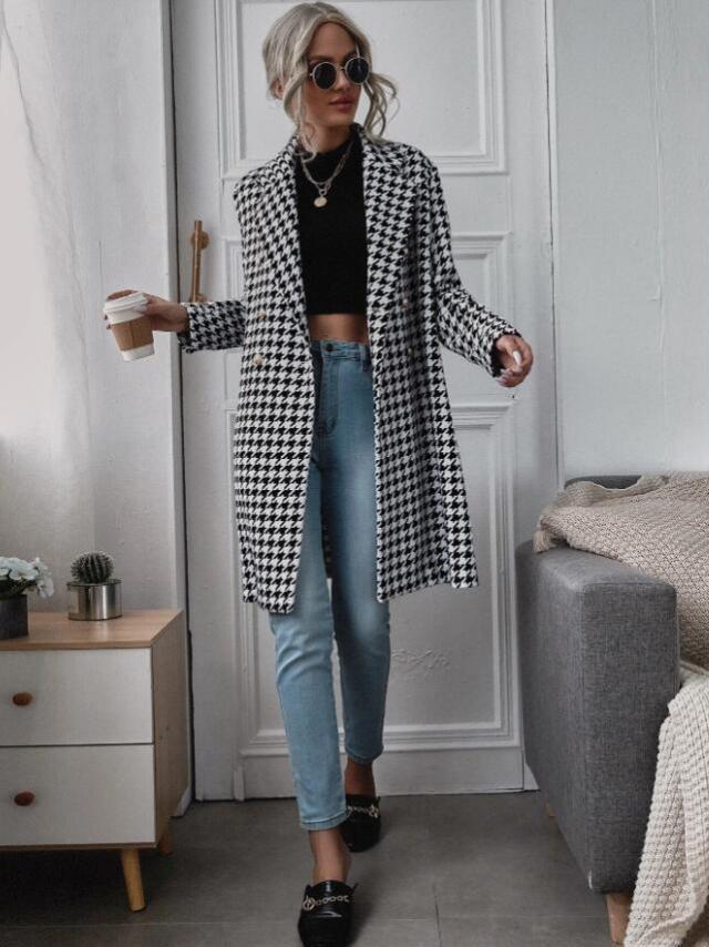 Lovemi - Fashion Houndstooth Print Long Woolen Coat