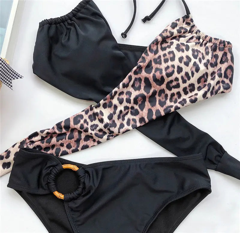 Lovemi - Lace-up split leopard bikini