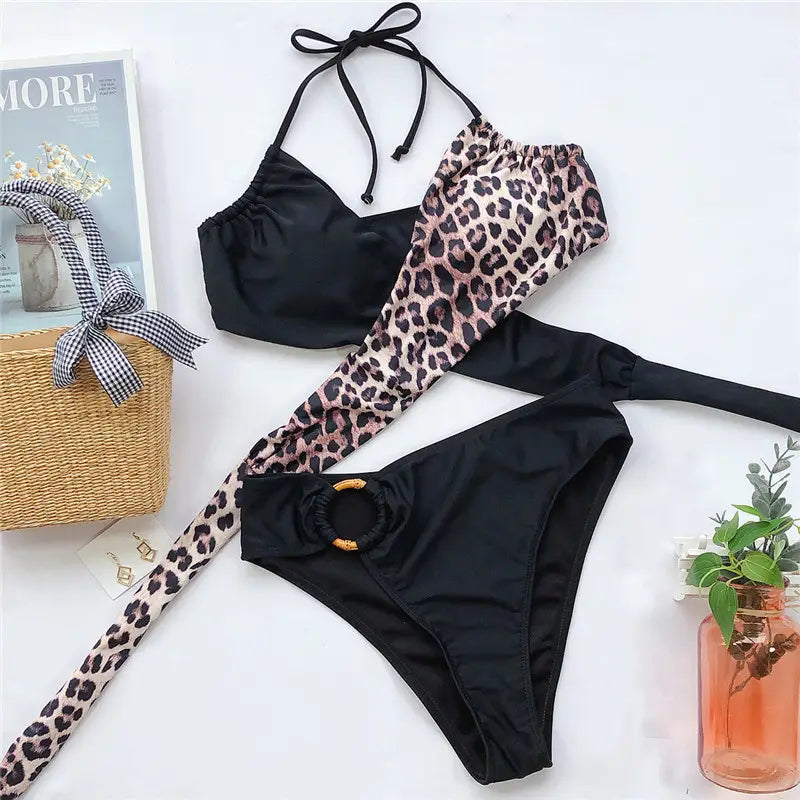 Lovemi - Lace-up split leopard bikini