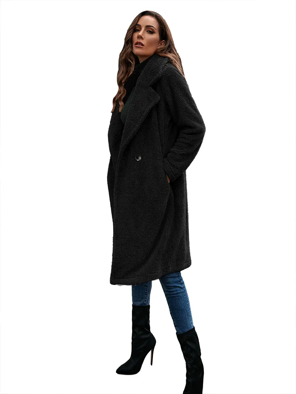 Lovemi - Single-breasted Mid-plush Trench Coat Loose-collar