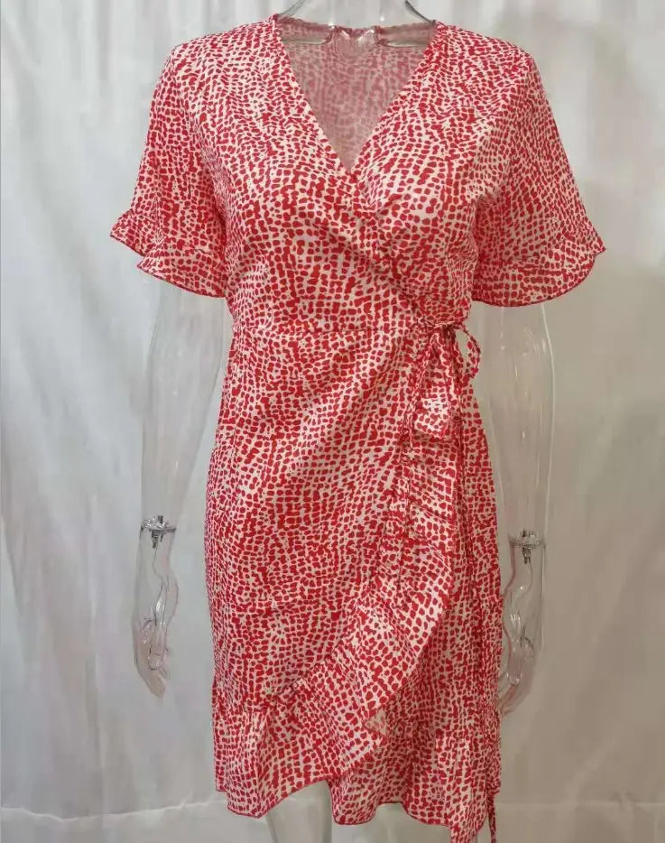 Lovemi - Printed V-Neck Tie High Waist Chiffon Floral Dress