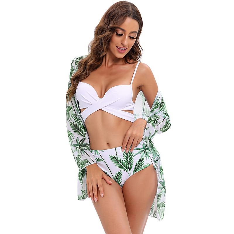 Lovemi – Dreiteiliger Bikini, Netz-Schal, geteilter Badeanzug, hoch