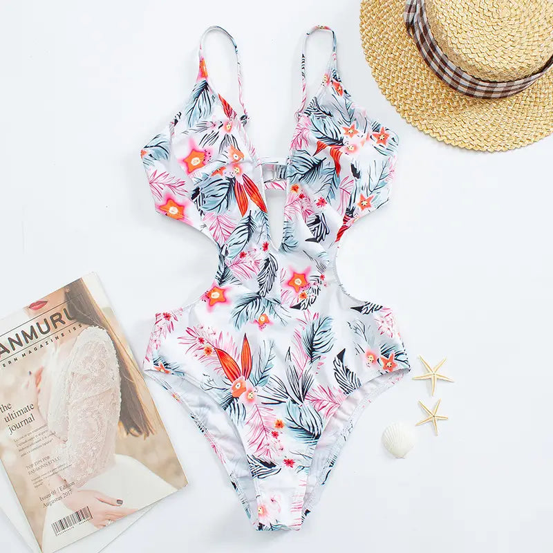 Lovemi - Triangle One Piece Leaf Print Ruffle Swimsuit