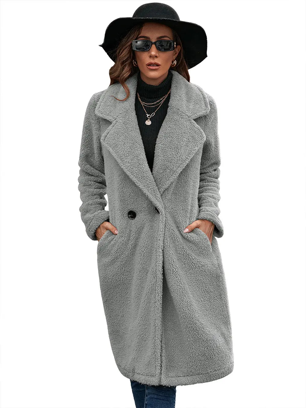 Lovemi - Single-breasted Mid-plush Trench Coat Loose-collar