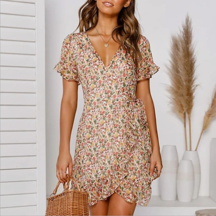 Lovemi - Printed V-Neck Tie High Waist Chiffon Floral Dress