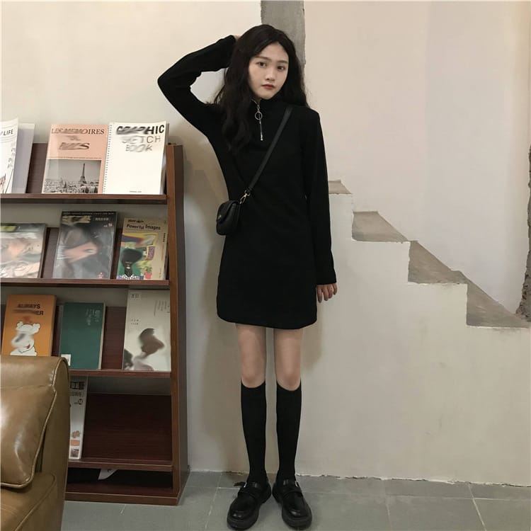 Lovemi - Black Dress Women Fall Winter New Korean Mid-Length