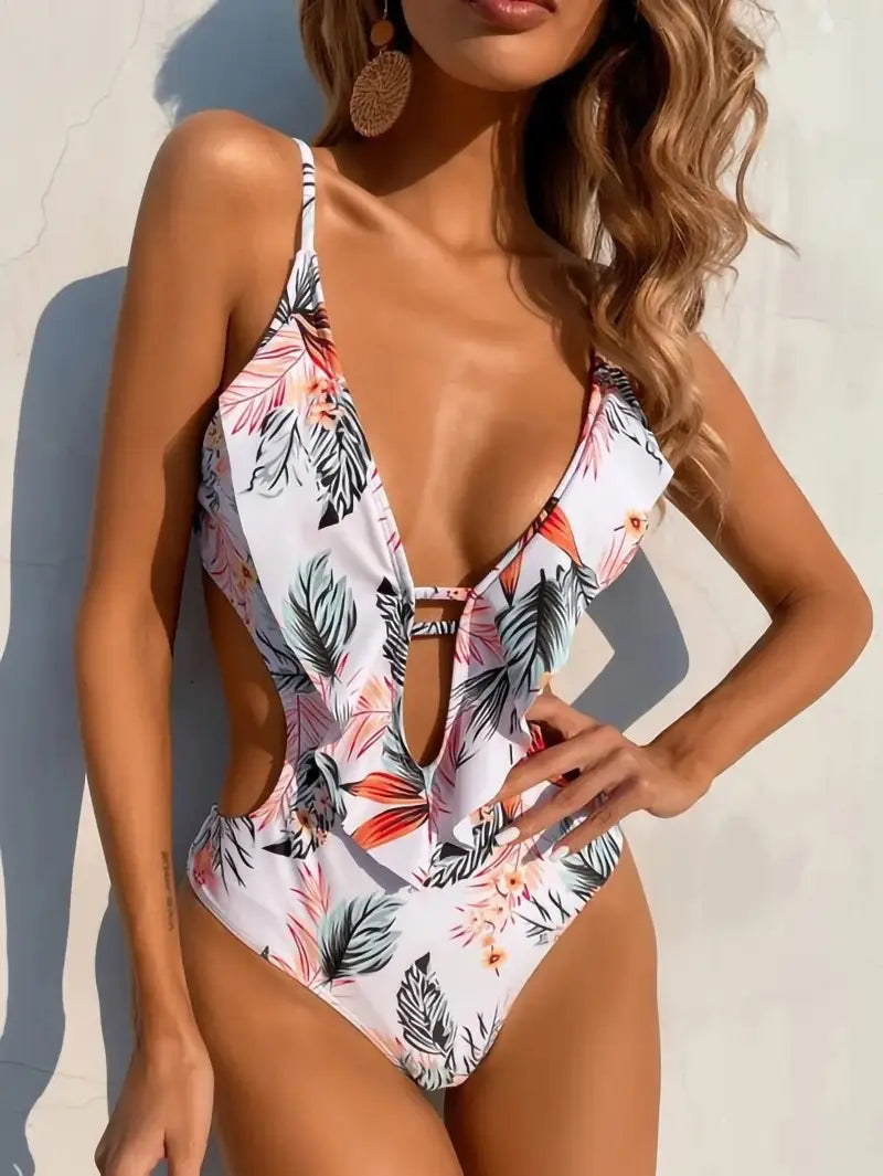 Lovemi - Triangle One Piece Leaf Print Ruffle Swimsuit