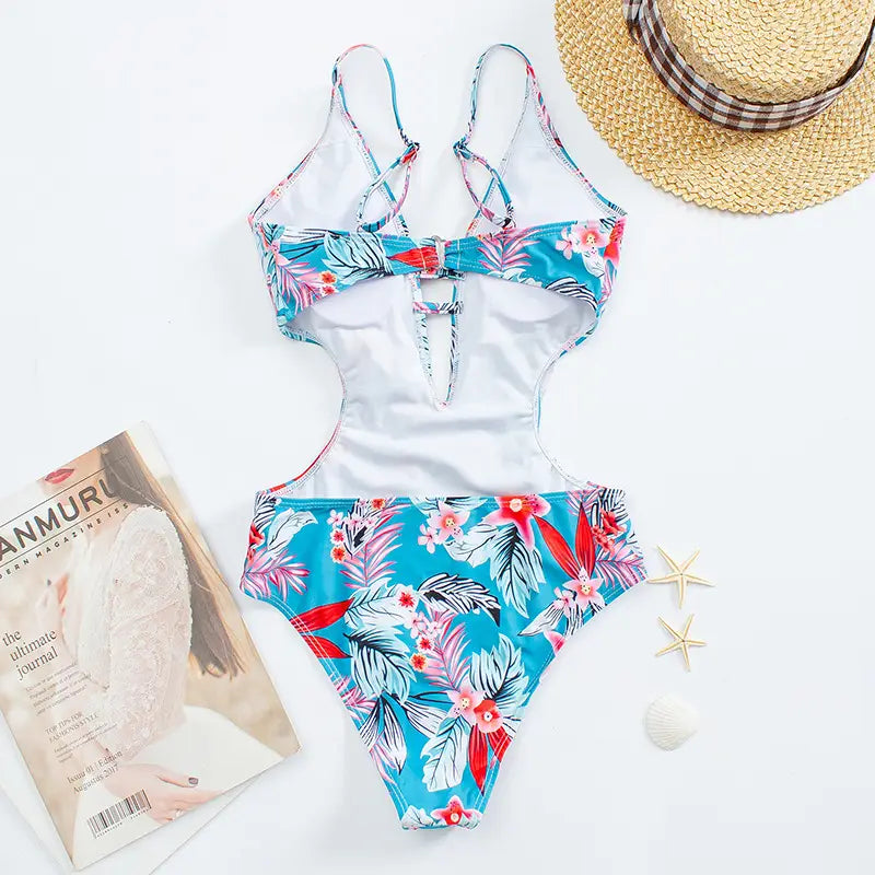 Lovemi - Triangle One Piece Leaf Print Ruffle Swimsuit