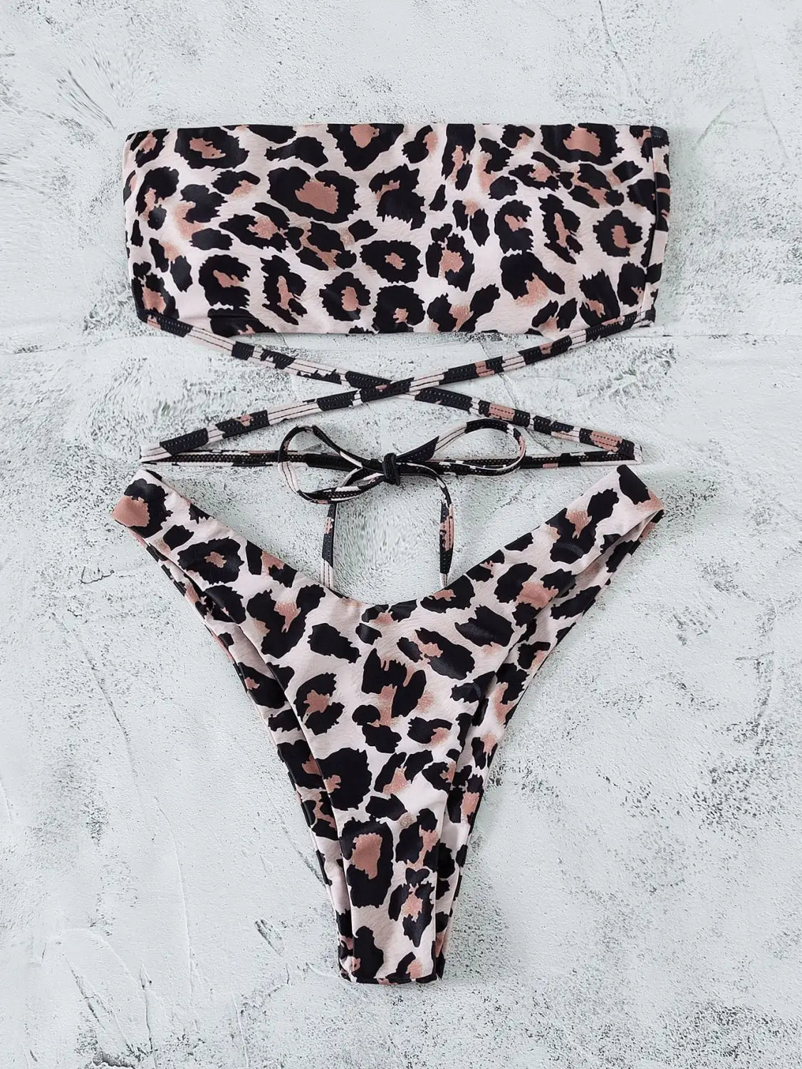Lovemi - Leopard Print Bikini Bandeau Split Swimsuit