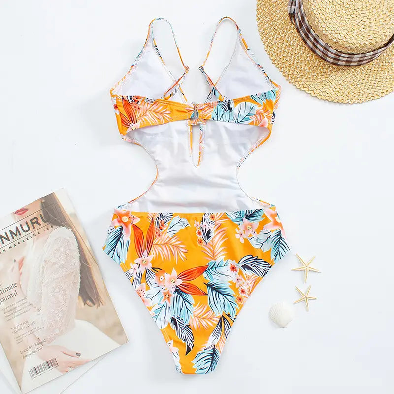 Lovemi - Triangle One Piece Leaf Print Ruffle Swimsuit