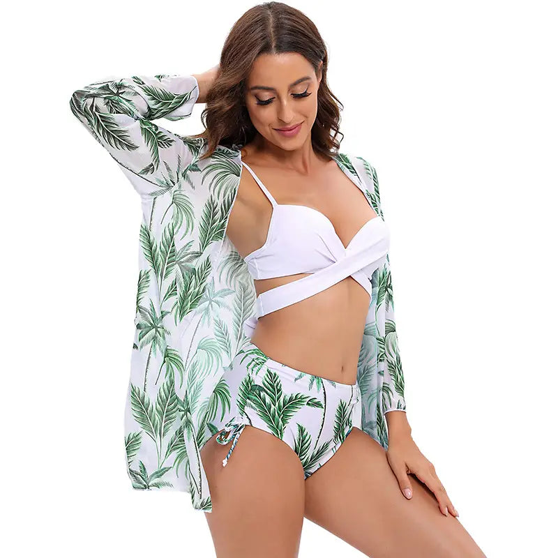 Lovemi - Three Piece Bikini Mesh Shawl Split Swimsuit High