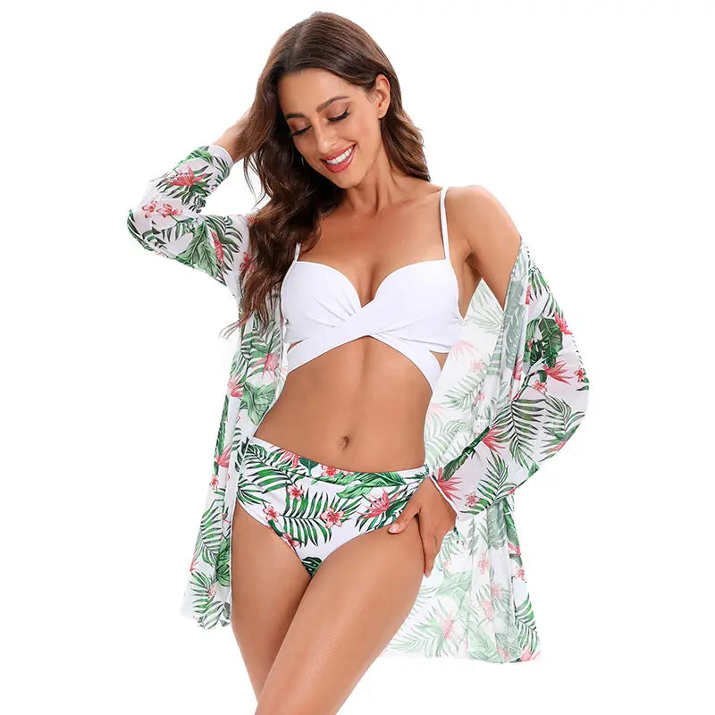 Lovemi – Dreiteiliger Bikini, Netz-Schal, geteilter Badeanzug, hoch