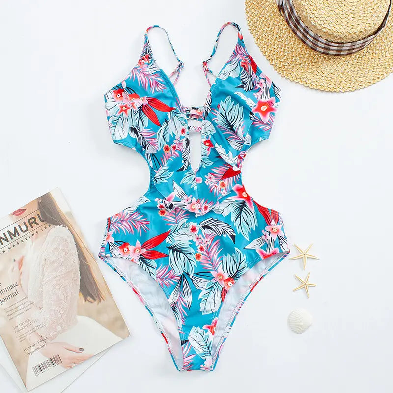 Lovemi - Triangle One Piece Leaf Print Ruffle Swimsuit