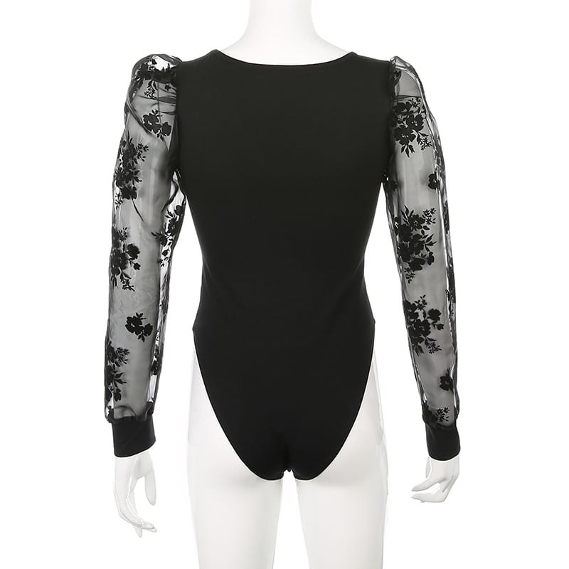 Lovemi - Sexy V-neck floral mesh splicing bottoming shirt