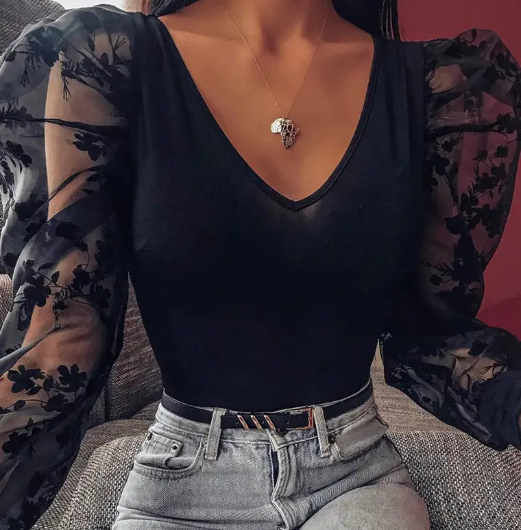 Lovemi – Sexy V-Ausschnitt-Shirt mit geblümtem Netzstoff und Spleißboden