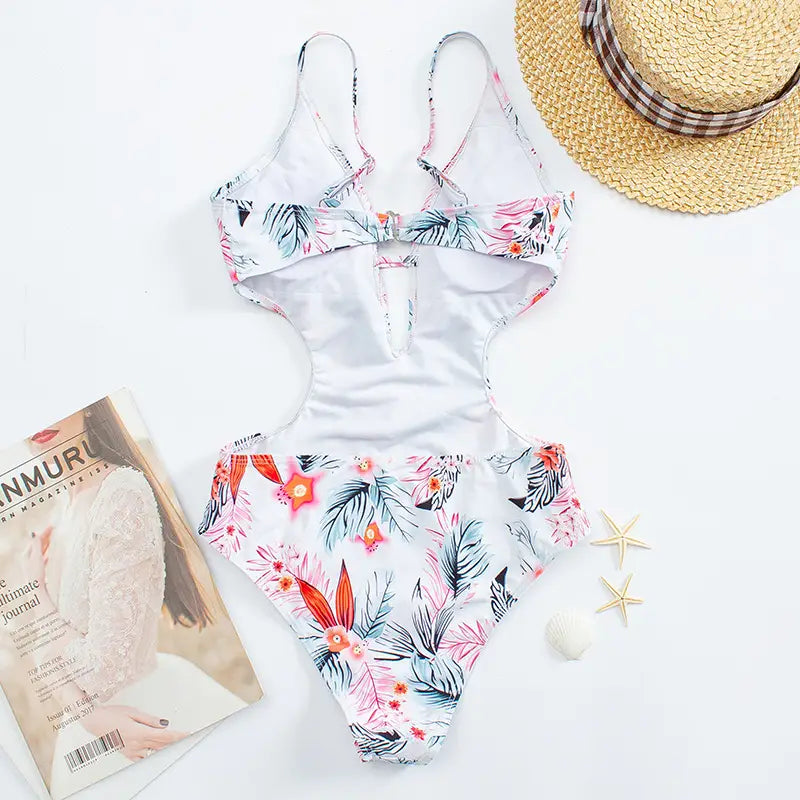 Lovemi - Triangle One Piece Leaf Print Ruffle Swimsuit