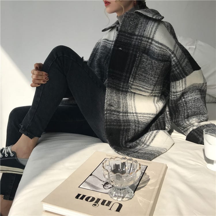 Lovemi – Mittellanges lockeres Plaid für Damen im Harajuku-Stil