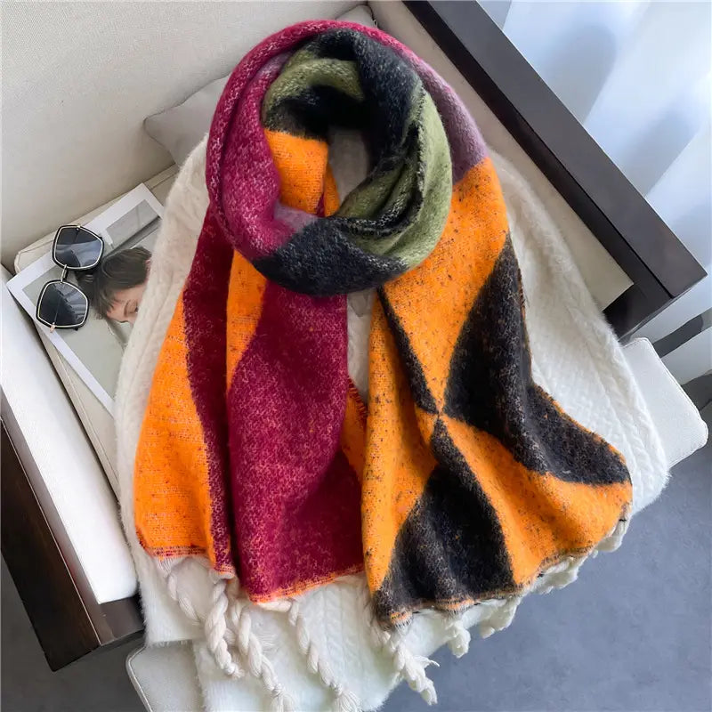 Thickened Warm Geometric Triangle Color Matching Scarf In