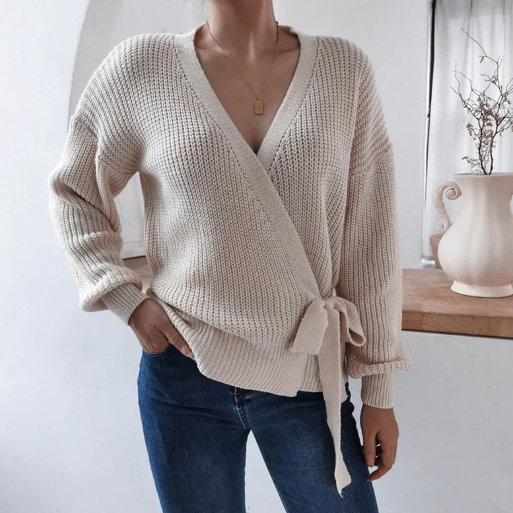 Lovemi – Lässiger Pullover mit V-Ausschnitt und Knoten zum Binden