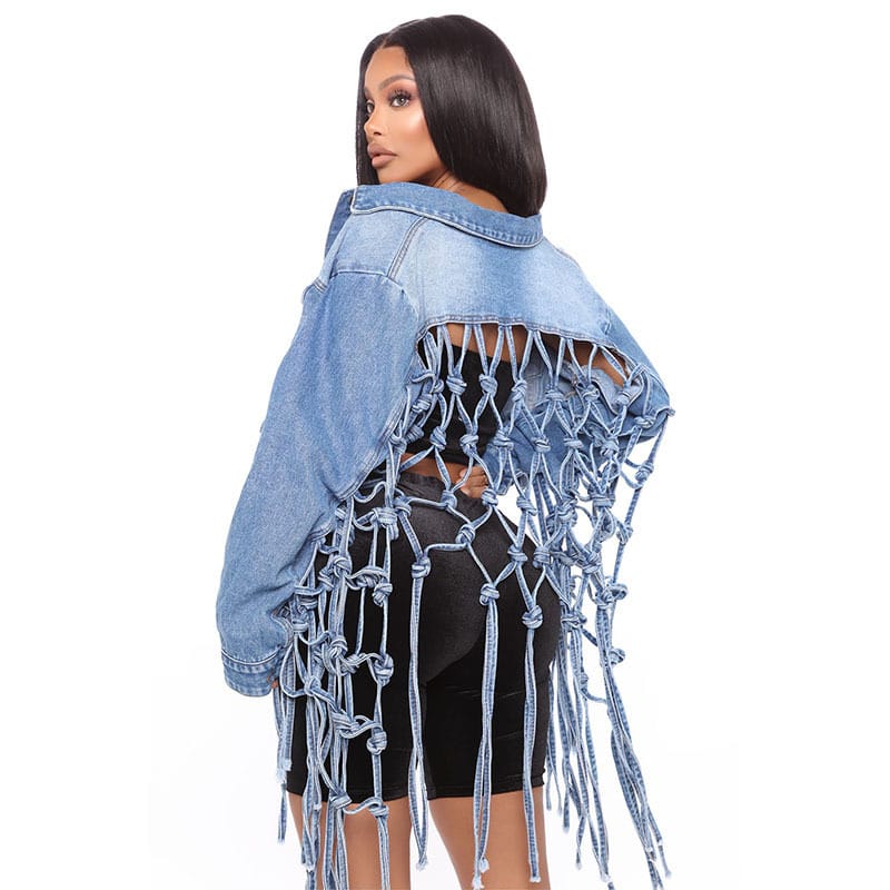 Lovemi - Fashion Ladies Mesh Fringed Denim Jacket