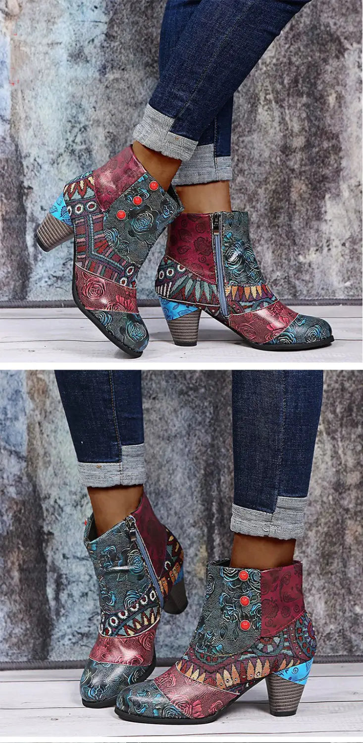 Print Ankle Boots Chunky Mid Heel Boots Women Side Zipper
