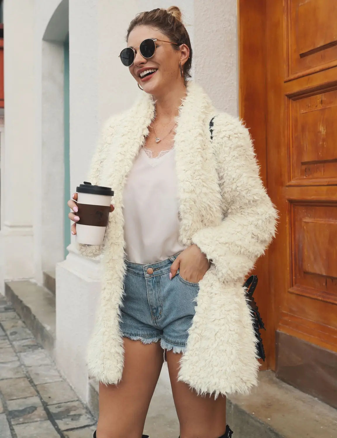 Lovemi - Mid-length faux fur fur long-sleeved jacket