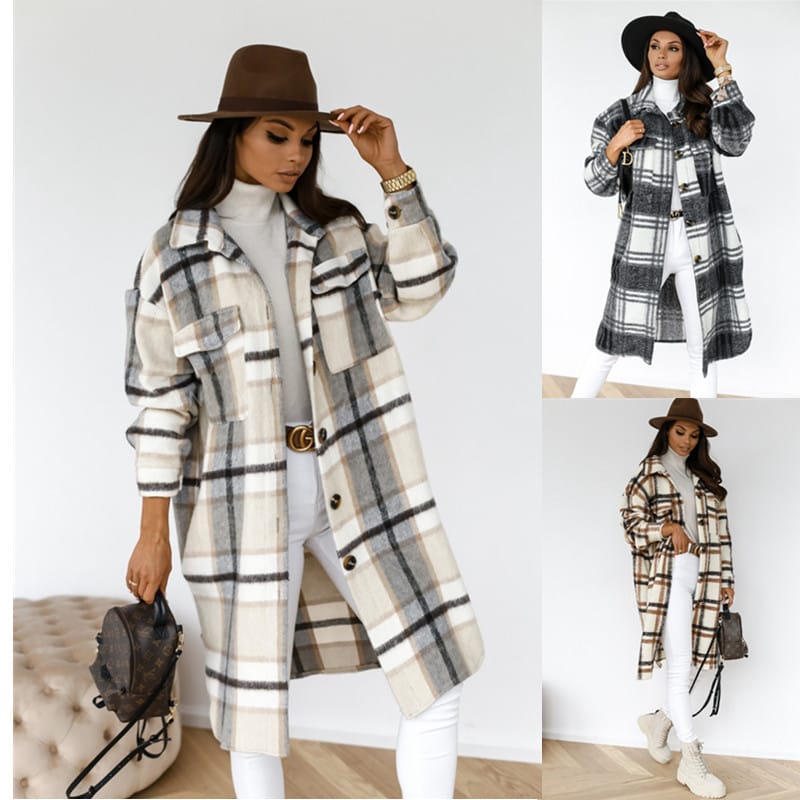 Lovemi - Manteau long en laine à carreaux chaud et décontracté avec revers boutonné