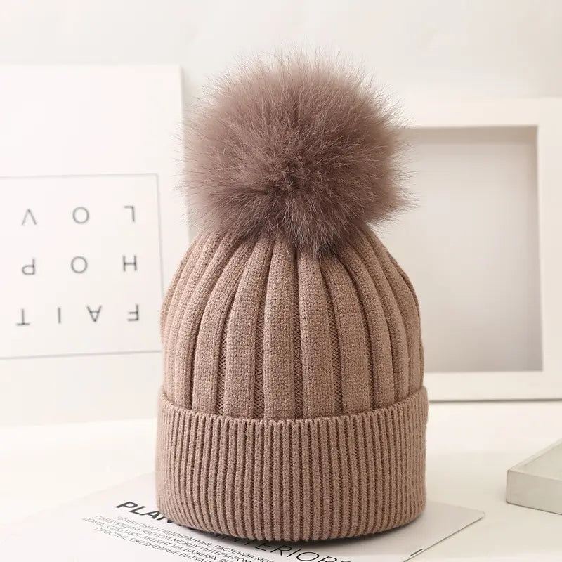 Lovemi - Boys And Girls Woolen Fox Fur Ball Knit Hat